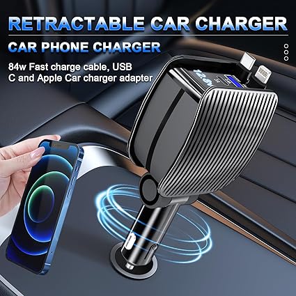 84W 4-in-1 Retractable Car Charger – Fast Charging for iPhone, Samsung, Type-C & More | Best Travel Charger UAE
