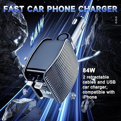 84W 4-in-1 Retractable Car Charger – Fast Charging for iPhone, Samsung, Type-C & More | Best Travel Charger UAE